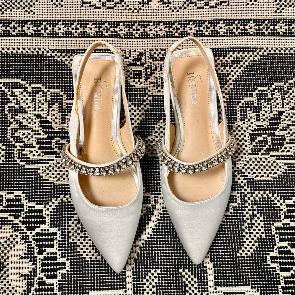 ASOS Be Mine white satin slingback low heel pointed toe embellished crystal 5